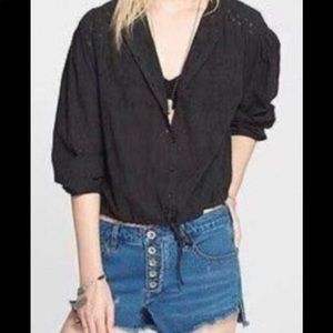 Free people long sleeve button up blouse with eyelet design and drawstring